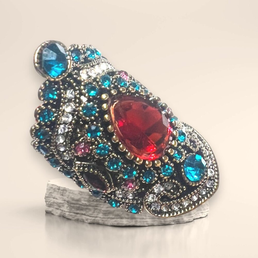 Indian design gold plated ring size 7.5 colorful glass and plastic